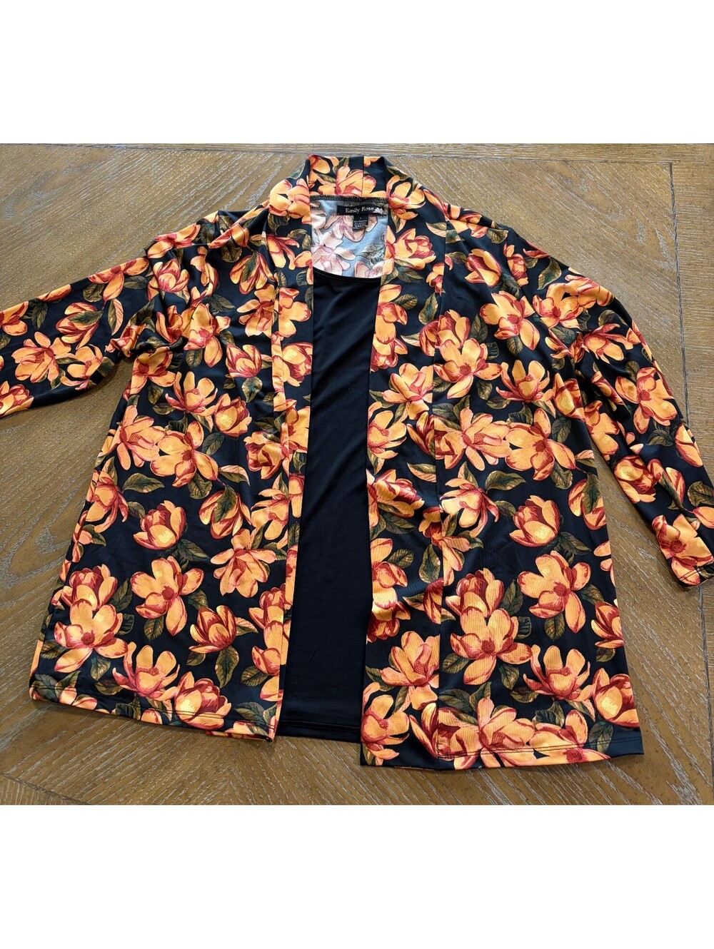 Emily Rose Women's Floral Sweatercoat Size L Black Orange Yellow Polyester Spand